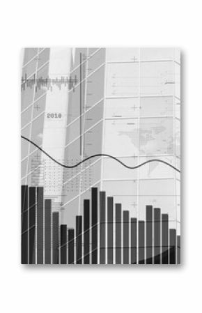Displaying data dashboard showing bar chart and oscillating line graph with world map overlay