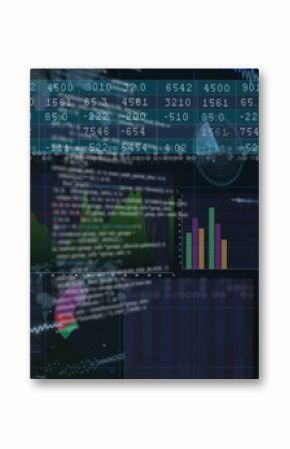 Displaying analytics dashboard in digital workspace, with bar charts and code blocks