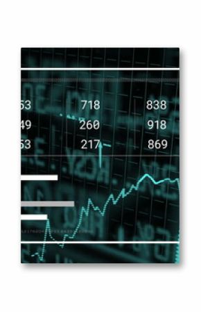 Showing outlined panel displaying digit grid, turquoise bar, progress bars, line graph on dark grid