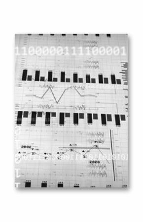 Displaying bar and line charts updating on digital dashboard, with binary code and phase symbols