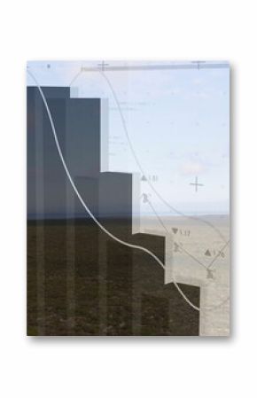 Displaying bar chart silhouettes rising over arid plain, with curved white line and numeric markers
