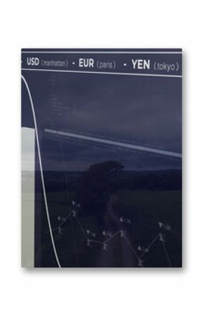Displaying interface overlay on rural field, with white bar charts, line graph and tickers