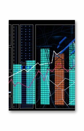 Displaying dashboard showing turquoise orange bar graphs on screen, with white magenta dashed lines