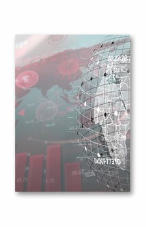 Displaying 3D wireframe globe on screen with red map, virus icons, bar chart, data overlays