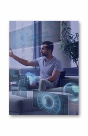 Gesturing tech professionals interacting with holographic dashboards in office lounge, with tablet