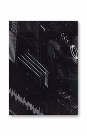 Abstract interface displaying data in tech center, with waveform chart, bar graph and world map
