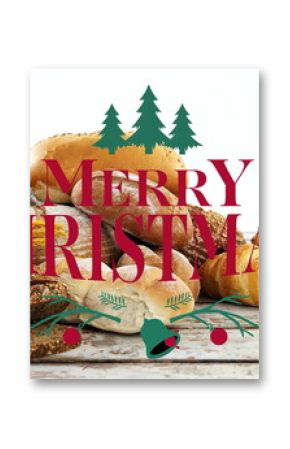 Displaying seeded loaf, baguette, croissant and rolls on wooden table, with Merry Christmas overlay