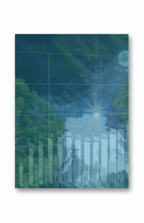Displaying bar chart overlaying mountain valley with waterfall, sun starburst numeric labels