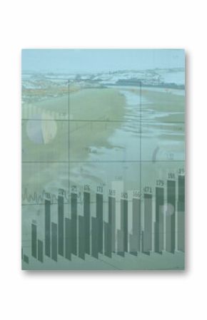 Displaying 3D bar chart overlaying shallow water shore with grid axes, line graphs and value labels