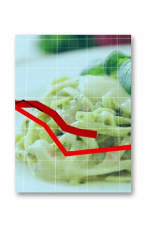 Displaying green sauced fettuccine poached egg basil on white plate in studio, grid, red down chart
