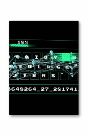Displaying QWERTY keyboard in digital interface with node grid, green 18% progress bar, code panel