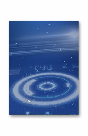 Displaying central circular HUD in tech control hub, with glowing particles and line and bar charts