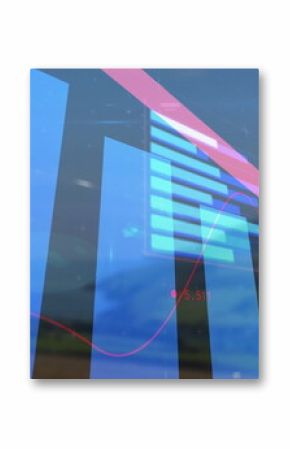 Displaying dashboard overlaying rural field horizon, with bar line charts, arrow, values, circles