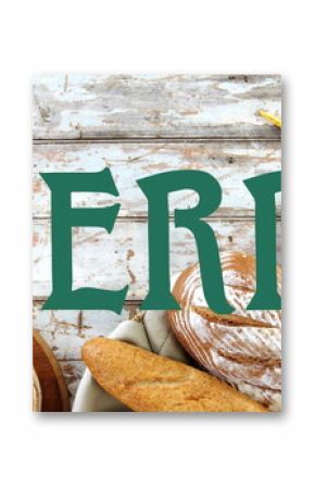 Showing artisanal breads resting in basket on whitewashed tabletop, with round loaf and baguettes
