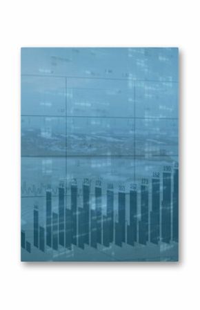 Projecting 3D bar chart floating over rocky shore, with grid lines and numeric code patterns