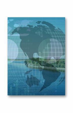 Displaying 3D wireframe globe hovering over lakeside water, with bar charts and percentages