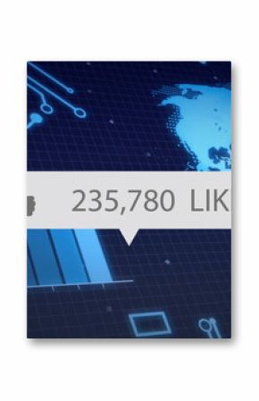 Displaying dashboard showing circuit grid and blue bar chart, world map and thumbs-up likes overlay