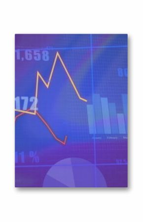 Dashboard showing financial data on interface with colored line graphs, bar chart and numeric data