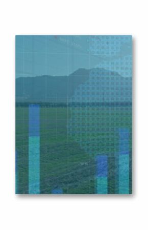 Displaying translucent bar chart clusters rising over green field, with grid overlay and line graph