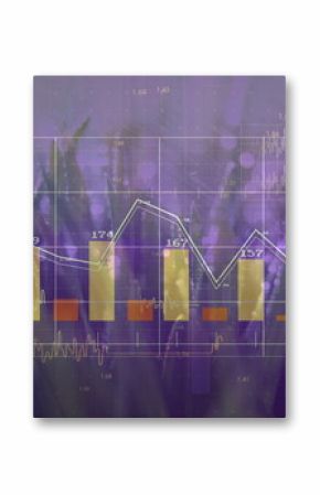 Showing bar and line chart overlaying purple-lit grass, with yellow bars, red bars, white line