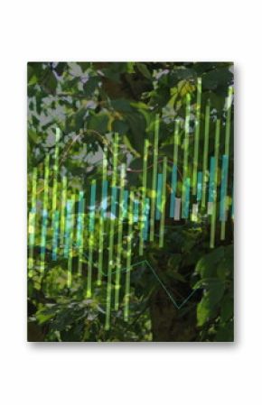 Displaying translucent vertical bar and line chart overlay amid garden green leaves and branches