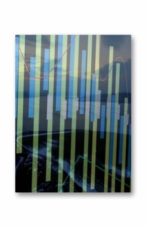 Displaying transparent overlay with pale blue bar charts and pink line graphs on lakeshore at dawn