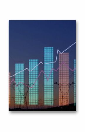Displaying bar chart overlay and line graphs rising above rural dusk field, with pylons and cables