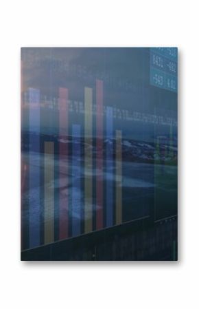 Merging financials with coast at dawn, showing vertical bar charts line graph tickers candlesticks