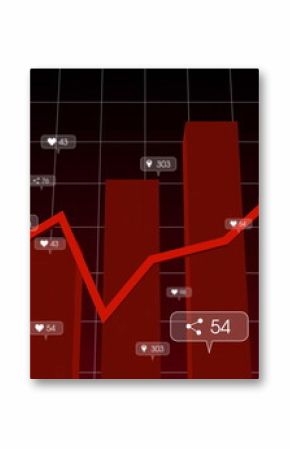 Displaying dashboard with red 3D bar columns and red line graph in analytics console, with callouts