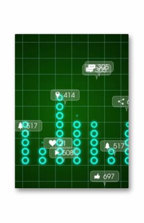 Showing turquoise circle bar chart on green analytics dashboard grid, with social interaction icons
