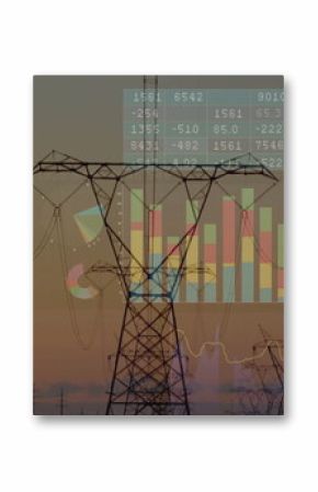 Silhouetting steel lattice towers receding across rural corridor at sunset, displaying bar charts