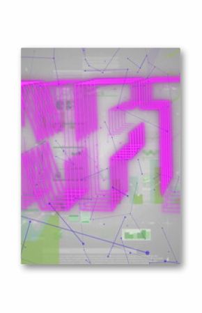 Floating neon pink Chinese text ?? dominating computer dashboard, with green network charts