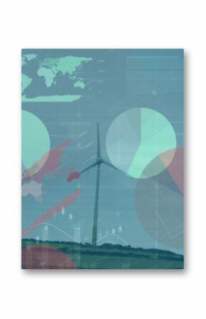 Displaying wind turbine standing on grassy hill, with map overlay, pie charts and bar graphs
