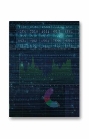 Displaying dashboard showing charts on dark screen, with line graph, numeric panel and bar charts