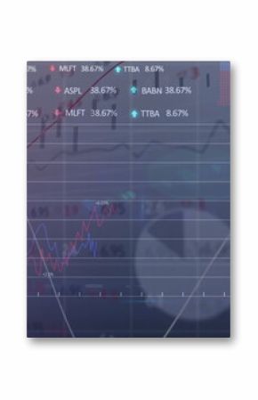 Displaying finance dashboard onscreen, with line, bar and pie charts, ticker arrows on grid overlay