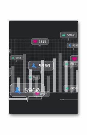 Displaying analytics dashboard showing white bar chart on grid with engagement icons and numbers