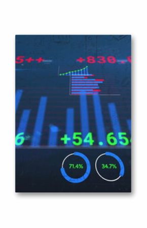 Displaying holographic 3D bar chart at center of virtual dashboard, with numeric labels and gauges