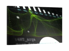 Undulating green 3D mesh wave over dark interface with Jan-Apr bar chart, cyan-white code fragments
