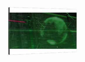 Displaying computer screen showing code, numbers, grid patterns, red bar, glowing globe, copy space