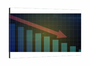 Displaying digital bar chart graphic indicating downward trend on dark-toned grid, with red arrow