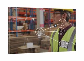 Highlighting network map over Korean worker wearing hard hat in warehouse with racks, copy space