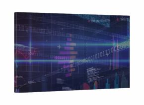Displaying central data interface scrolling binary code on dark grid, with bar graphs, line charts