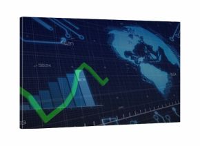 Displaying dashboard world map, green line-over-bar chart, grid circuit overlay and numeric labels