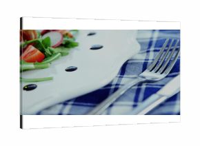 Showing ceramic plate holding salad of arugula, radish, tomato on checked cloth, balsamic droplets
