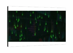 Displaying green binary streams on digital dashboard, with bar graphs, line charts, grid overlay