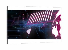 Displaying digital interface on glowing grid, with bar-chart stripes, triangle and pink globe