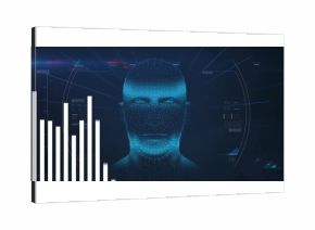 Floating digital head glowing with blue data points in data interface, with bar charts, grid lines