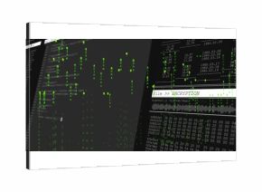 Dual monitors displaying File  ENCRYPTION text, binary and hex dump in lab, with progress bar