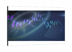Showing data visualization on screen, with glowing curved line graph and vertical bar charts