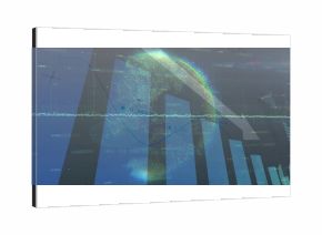 Displaying 3D point-cloud globe hovering over digital dashboard, with bar charts and line graph